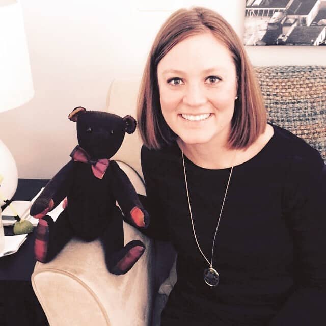 Laurelin and the teddy bear I had made for her baby shower from a blazer of her mother's.
